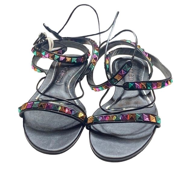 Anthropologie Vicenza Black Embellished Ankle‎ Strap Sandals Size 7 Boho Beachy - Picture 1 of 10